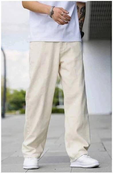 M Q Denim Loose Fit Men Beige Jeans