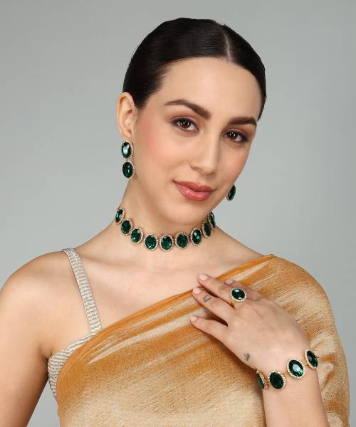 Gaazi jewellers Brass Gold-plated Green Jewellery Set