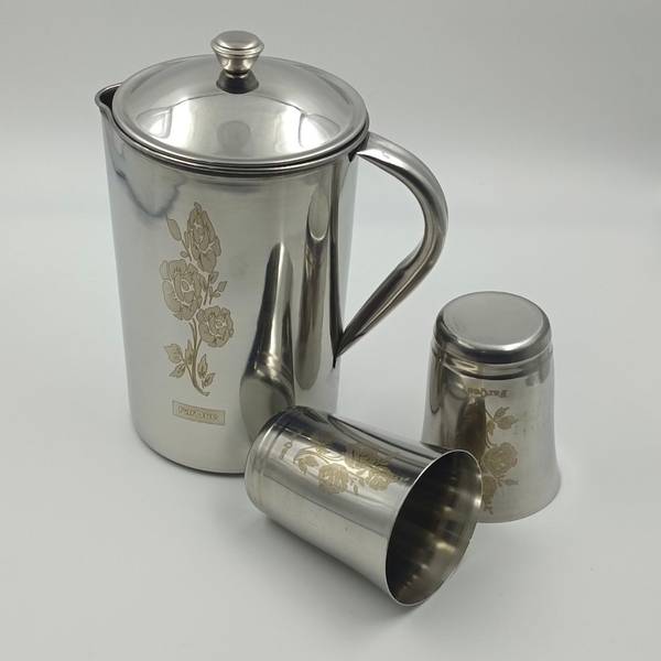 FarQue Stainless Steel Jug with 2 Glasses, High Quality Steel Jug Glass Set