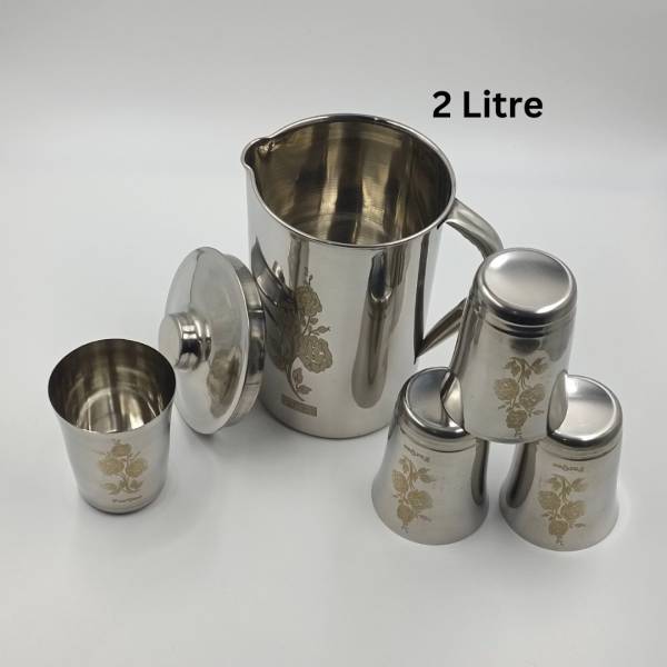 FarQue Stainless Steel Jug Set: 2 Litre Jug and Four 300ml Water Glasses for Elegant Serving" Jug Glass Set