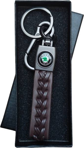 JNV Brown Leather Keychain Compatible With Skoda Kushaq | Slavia | Octavia | Car Key Chain