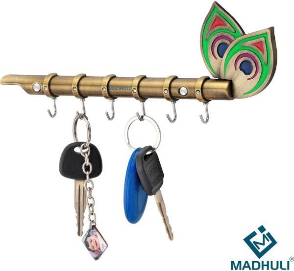 MADHULI Krishna's Flute & Peacock Quills Key Stand, Key Holder For Home & Office Antique Brass/ 6 Pin Key Hanging Hooks/Key Chain Hanging/Wall Mounted...