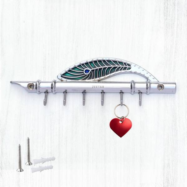 Zeetab Chrome Krishna Key Stand for Wall, Antique Metal Peacock Quills Flute Steel Key Holder