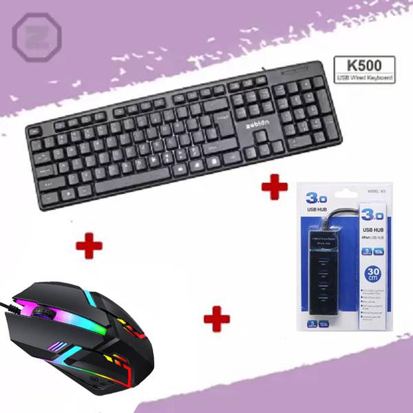 zebion 3 IN 1 COMBO - KEYBOARD,RGB MOUSE,USB HUB Wired USB Standard Desktop Keyboard Compatible with Desktop, Laptop, Mac