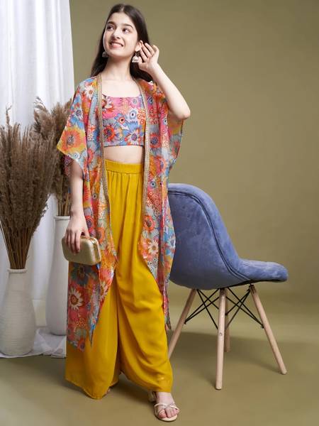 Curly Tales Girls Festive & Party Ethnic Jacket, Blouse and Palazzo Set