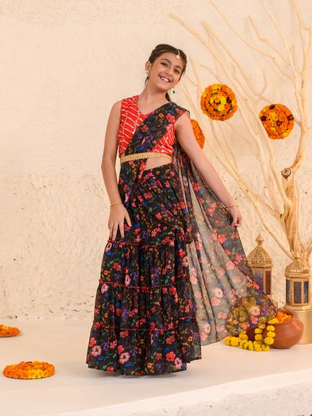 Pspeaches Indi Girls Lehenga Choli Ethnic Wear Floral Print Lehenga, Choli and Dupatta Set