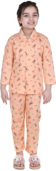 MMShopy Boys & Girls Printed Orange Shirt & Pyjama set