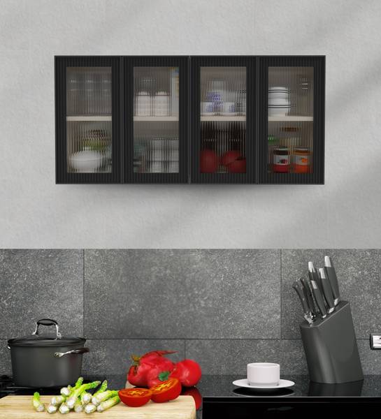 SPECIALITY PANELS Aluminium Black Profile 4 Fluted Plain Glass handless shutter, French cleat Engineered Wood Kitchen Cabinet