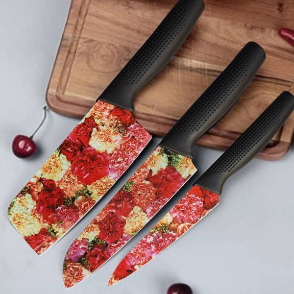 YELONA 3 Pc Stainless Steel Knife Set Printed SS Ultra Sharp Butcher, Meat, Pairing, Vegetable Knife for Kitchen