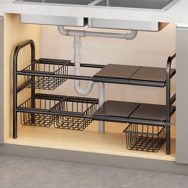 Wooden Street Containers Kitchen Rack Steel Under Sink Organizer | Expandable Cabinet Shelf for Kitchen Utensil & Dishes