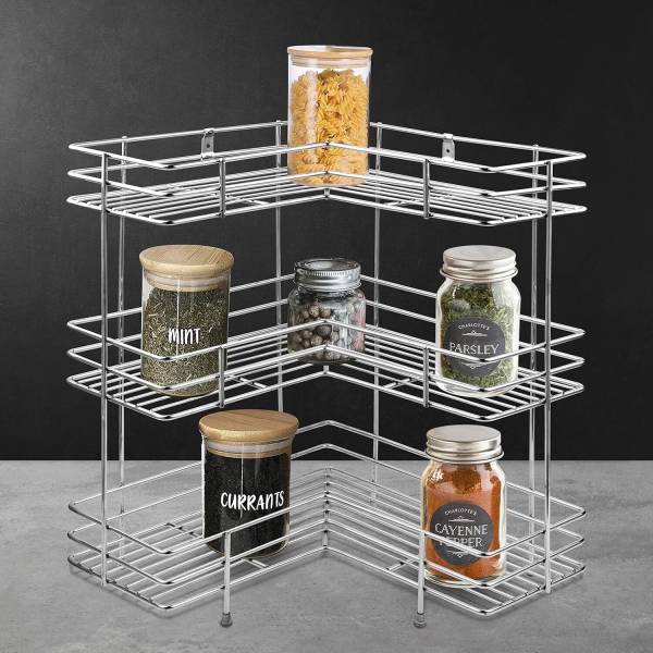 Green Tales Utensil Kitchen Rack Steel L Corner Shape Stand Triple Layer 3-Tier Multipurpose Storage Rack/Shelf