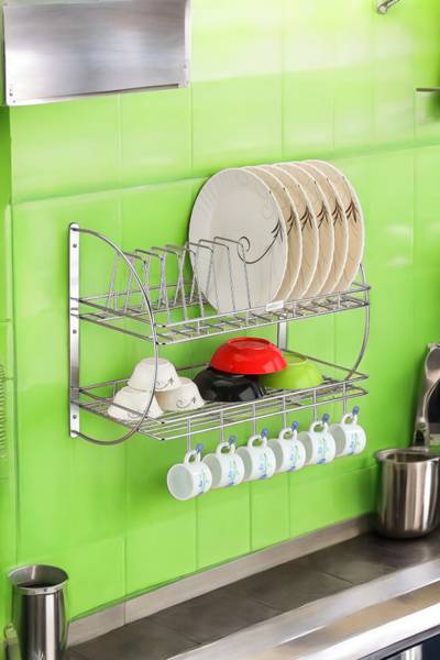 DIGNITY Dish Drainer Kitchen Rack Steel Stainless Steel Wallmount Multipurpose Kitchen Rack Dish Stand Cutlery Stand Silver Color