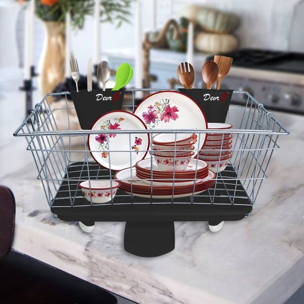 zybil Dish Drainer Kitchen Rack Steel Dish Drainer Kitchen Rack Basket with Black Cutlery Holder & Tray