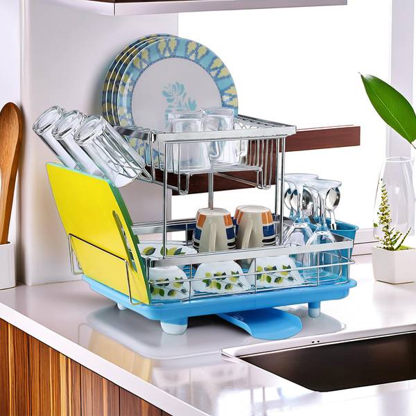 KUBER INDUSTRIES Dish Drainer Kitchen Rack Steel Dish Drainer Basket for Kitchen with Drainer Bottom | Silver - Cyan