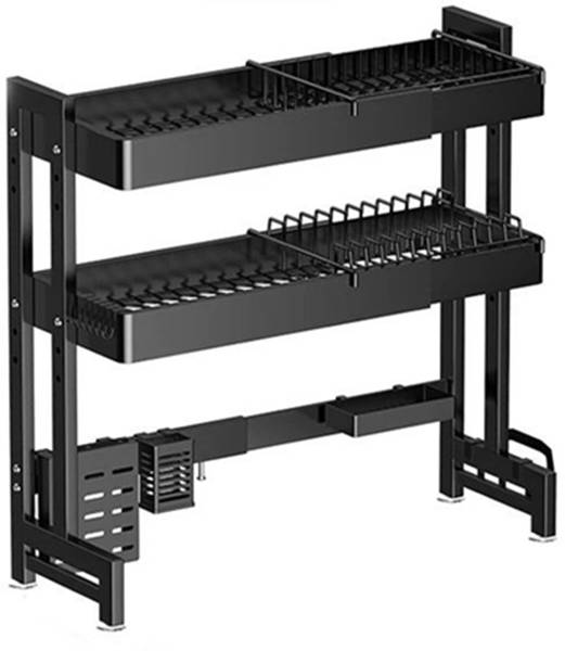 iBELL Dish Drainer Kitchen Rack Carbon Steel DR293SM Adjustable Dish Rack, 2 Layer Over Sink Stand, Extendable Carbon Steel
