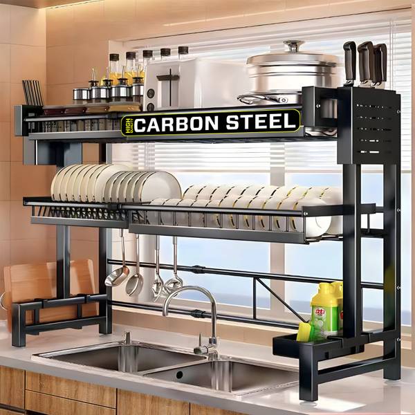 iBELL Dish Drainer Kitchen Rack Carbon Steel DR293 Over Sink Dish Drying Rack, Length Extendable, 2-Tier Drainer Organizer,