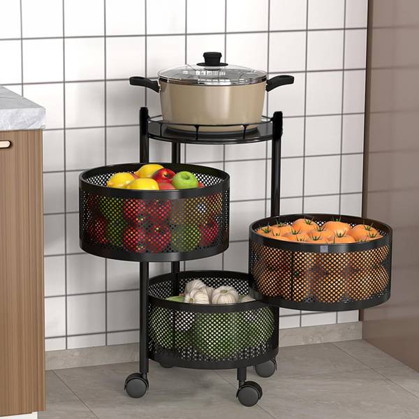 Heart Home Fruits/Vegetables Kitchen Rack Iron 3-Layer Rotating Multipurpose Storage Rack Trolley with Wheels | Black