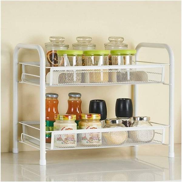 S-B-S Store Utensil Kitchen Rack Iron Multi-Purpose 2-Tier Metal Storage Rack Space Saving Kitchen Spice Rack (White)
