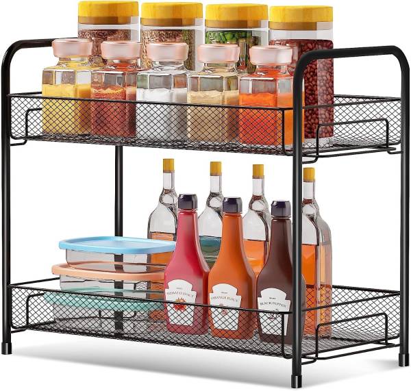 S-B-S Store Utensil Kitchen Rack Iron Spice Rack Organizer for Countertop SBS 2-Tier Foldable Metal Rust-Proof Shelf