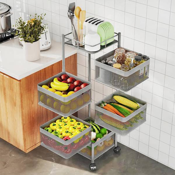 KUBER INDUSTRIES 5-Tier Revolving Multipurpose Storage Rack with Wheels | Silver Iron Fruit & Vegetable Basket