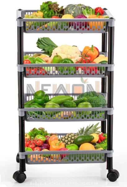 NEWON NEWON 4 Tier With Wheel Multipurpose Kitchen Storage Organizer Fruit & Vegetable Plastic Kitchen Trolley