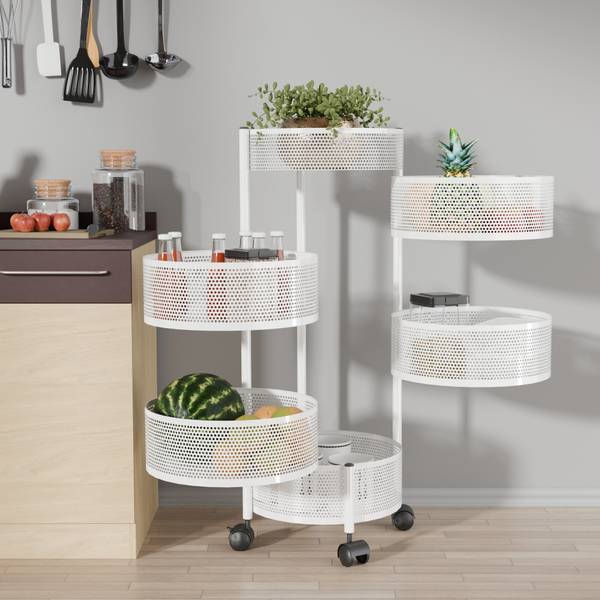 KUBER INDUSTRIES 5+1 Layer Kitchen Metal Storage Rack with Wheels | Round Shape - White Iron Kitchen Trolley