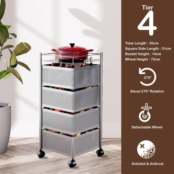 ASHLAS 4-Tier Revolving Multipurpose Storage Rack with Wheels | Silver Iron Kitchen Trolley