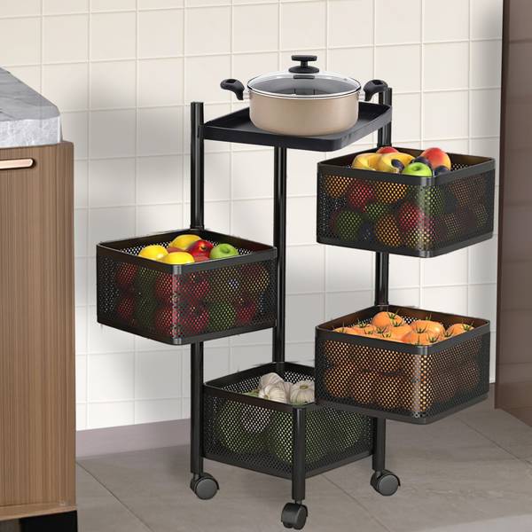 KUBER INDUSTRIES 4-Layer Revolving Multipurpose Storage Rack with Wheels | Black Iron Kitchen Trolley