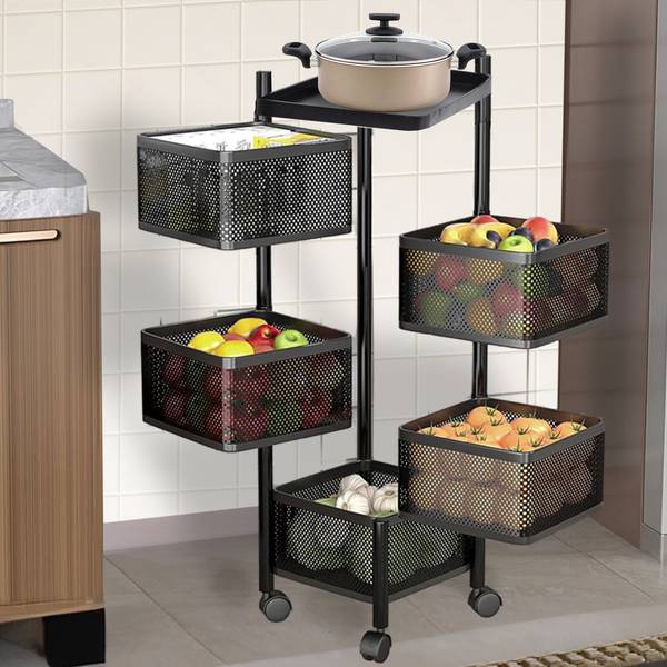 KUBER INDUSTRIES 5-Layer Revolving Multipurpose Storage Rack with Wheels | Black Iron Fruit & Vegetable Basket