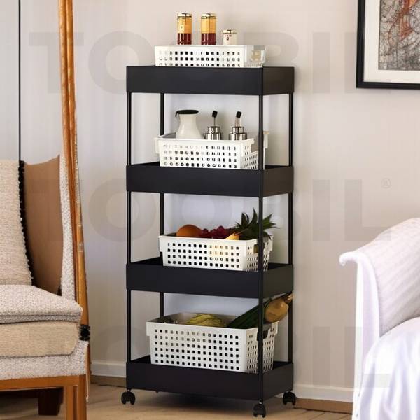 TOOBIL 4 Compartment Trolley Rack with Wheels,Plastic Kitchen Storage Organizer Shelfs Plastic Kitchen Trolley