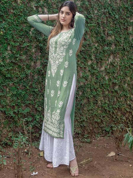JB TEX Women Chikan Embroidery Straight Kurta
