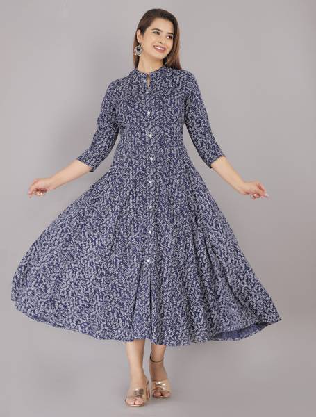 BHAGLI Women Fit and Flare Dark Blue Midi/Calf Length Dress
