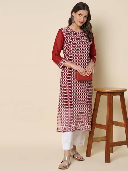VredeVogel Women Chikan Embroidery A-line Kurta