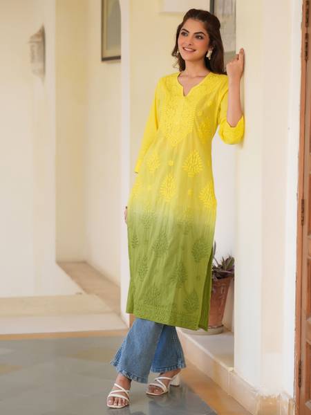 Janasya Women Chikan Embroidery, Dyed/Ombre Straight Kurta