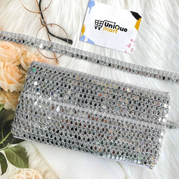 uniquemart Silver Mirror Work Fancy Latkan Lace For Suit, Saree, Lehenga, Blouse, Dupatta, Frowk (Silver/18Mtr) Lace Reel