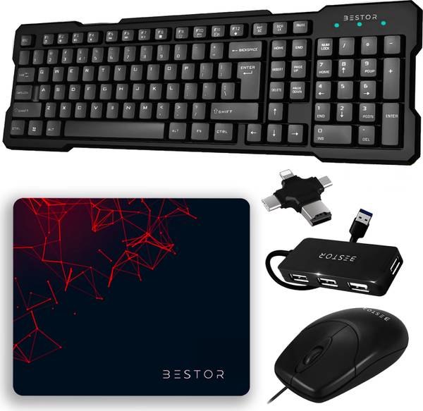 Bestor Set of 5 Combo,USB Wired Keyboard,Wire Mouse,Mouse Pad, Card Reader,4port HUB Combo Set