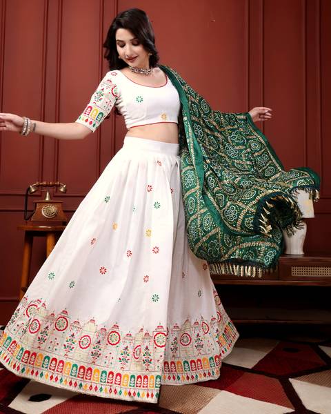VEEDHRUMI Bandhani, Embroidered, Leheriya Semi Stitched Lehenga Choli