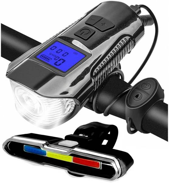 DSTECHBAR 3 In 1 Bicycle Front Light Horn Speedometer & Cycle Police Back Tail Light LED Front Rear Light Combo