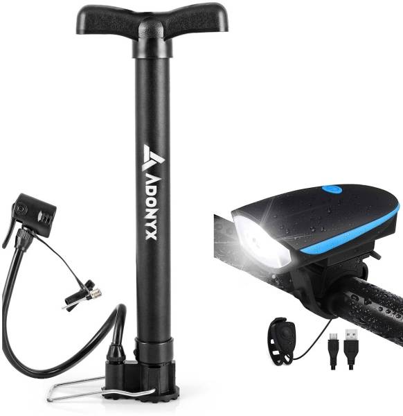 ADONYX Cycle Pump With Bike Set with Horn, Bicycle Front Headlight,USB Rechargeable LED Front Light
