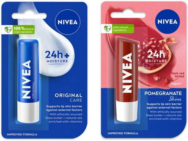 NIVEA Lip Balm 4.8g - Pomegranate Shine & Original care (Pack of 2) Shea Butter, Pomegranate