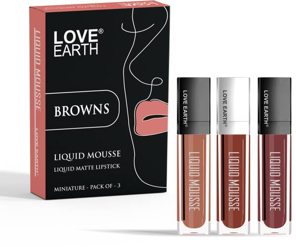 LOVE EARTH Liquid Mousse Lipstick Browns Matte Finish Mini Pack of 3, Waterproof Lipstick