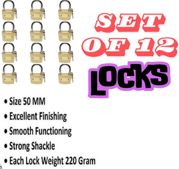 Unikkus Set of 12 locks and keys for home, room, kitchen, cycle. Size 50 MM, 3 Key Padlock