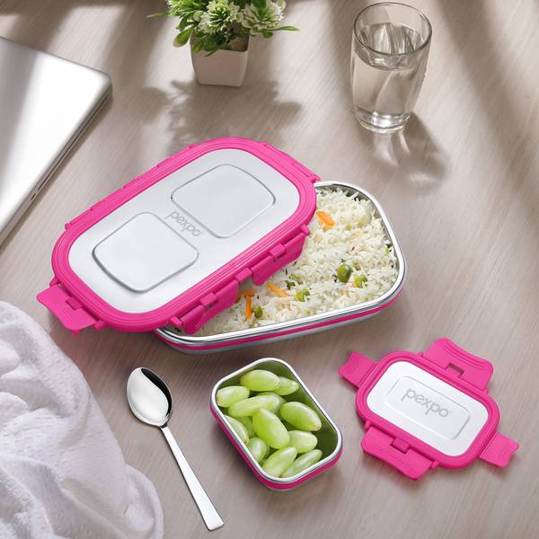 pexpo Steel Mate Stainless Steel Tiffin Box With 1 Spoon & Separate Container, 2 Containers Lunch Box