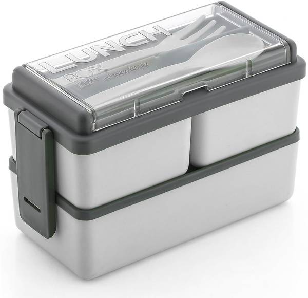 DDecora Compartment Grey Color with Spoon and Fork Office School 3 Containers Lunch Box