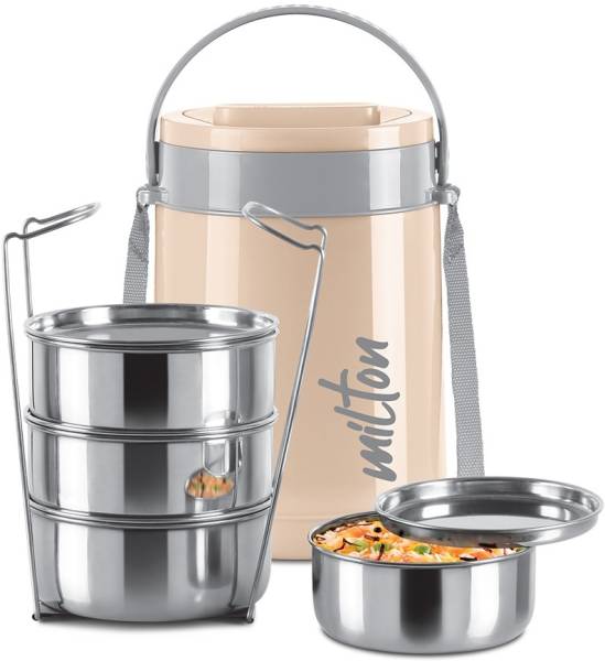 MILTON Classic Stainless Steel Tiffin With Lifter And 4 Container, 300 ml Each, Ivory 4 Containers Lunch Box