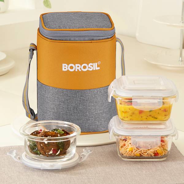 BOROSIL Zest Borosilicate Glass Lunchbox, 3pc Set (320ml x 2 + 240ml x 1), Office Tiffin 3 Containers Lunch Box