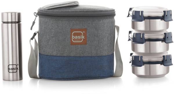 BASIK Featherline Premio 4 Jumbo Stainless Steel Lunch Pack (Blue and Grey) 4 Containers Lunch Box