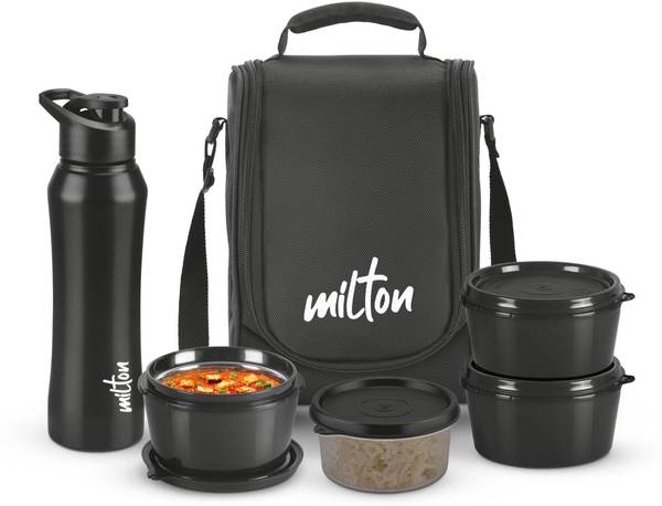MILTON Food Fiesta 3 Microwave Safe Inner Steel & 1 Plastic Containers; Bottle With Bag 4 Containers Lunch Box