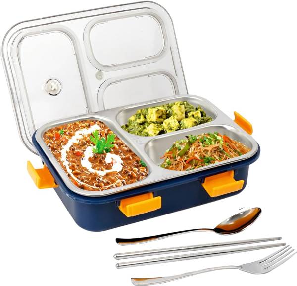 FUNVERSE Stainless Steel Lunch Box Leak Proof with Spoon, Fork & Chopstick For Kids 3 Containers Lunch Box