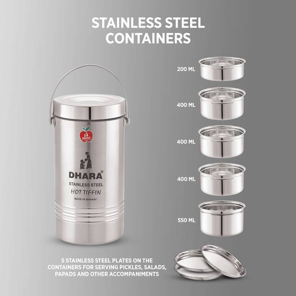Dhara Stainless Steel Mazaana 5 Tier Big Stainless Steel Insulated Tiffin Box 5 Containers Lunch Box